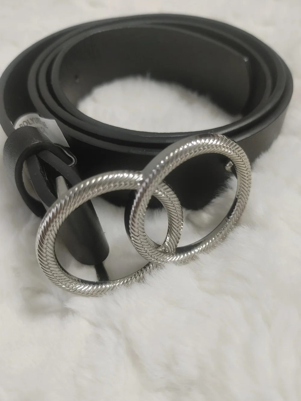 BKE Black Leather Belt with Textured Silver Double Rings